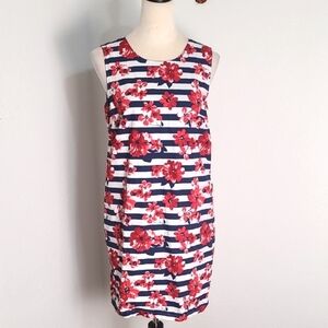 Tabitha Webb Navy Blue & White Stripe Mini-Dress with Red Flowers, Size 6